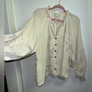 Elegant Lace Cream Button-Up Blouse with pockets